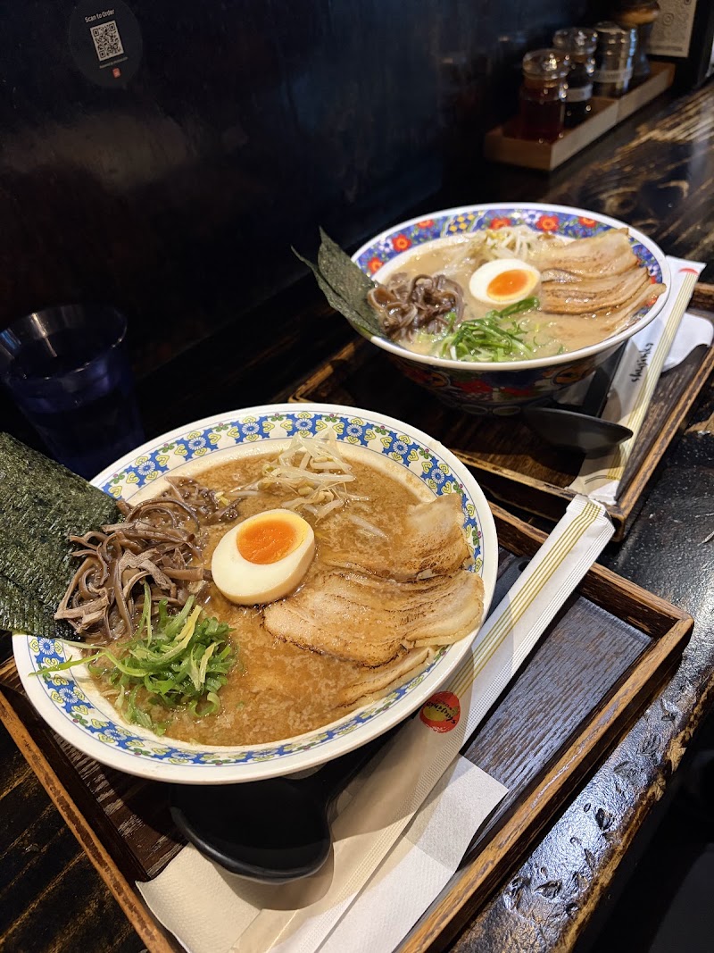 two bowls of tonkotsu-style ramen with chashu pork, soft-boiled egg, menma and scallions in rich broth â Shujinko Ramen Russell Street, Melbourne CBD