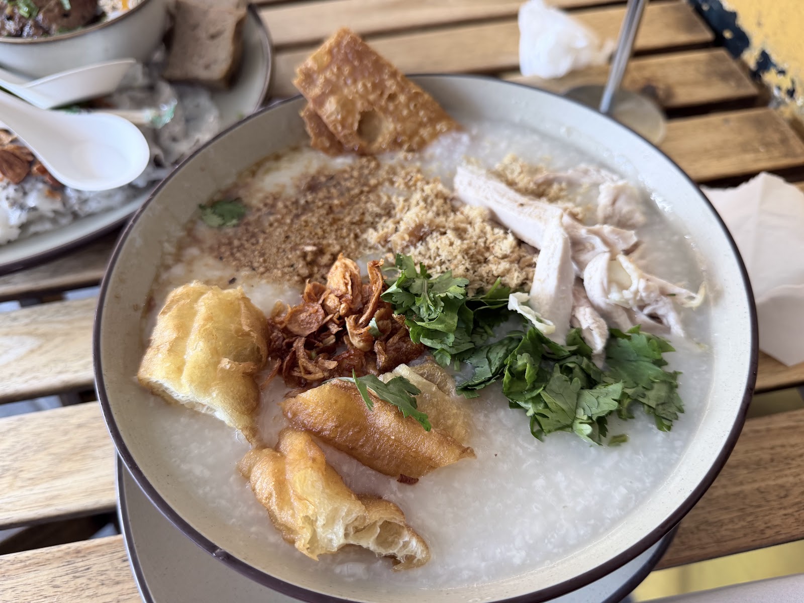 Vietnamese chao: rice porridge with shredded chicken, quay, crispy shallots, pork floss and coriander â Banh Cuon Ba Oanh, Marrickville